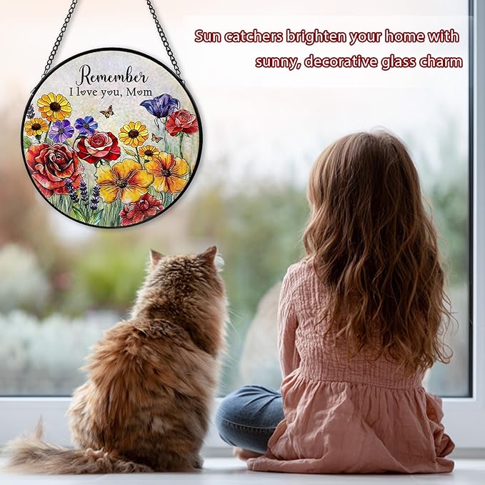 Mom Stained Glass Window Hanging, Flower Suncatcher Diamond Glass Panel Hangings, Sun Catchers Windows Wall Art, Christmas Thanksgiving Day, Birthday Gifts for Mom, for Home Office 7.87 inches