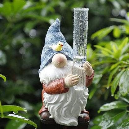 FORUP Resin Gnome Rain Gauge, Hand Painted Gnome Statue with Plastic Rain Gauge