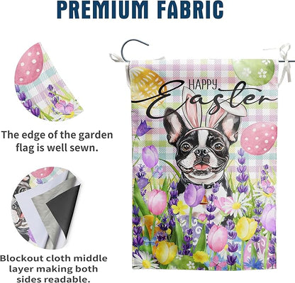 Happy Easter Dog Garden Flag Boston Terrier Spring Flags Buffalo Plaid Bunny Eggs Yard Flag for Outside 12x18 Double Sided Small Decorative Floral Outdoor Flag