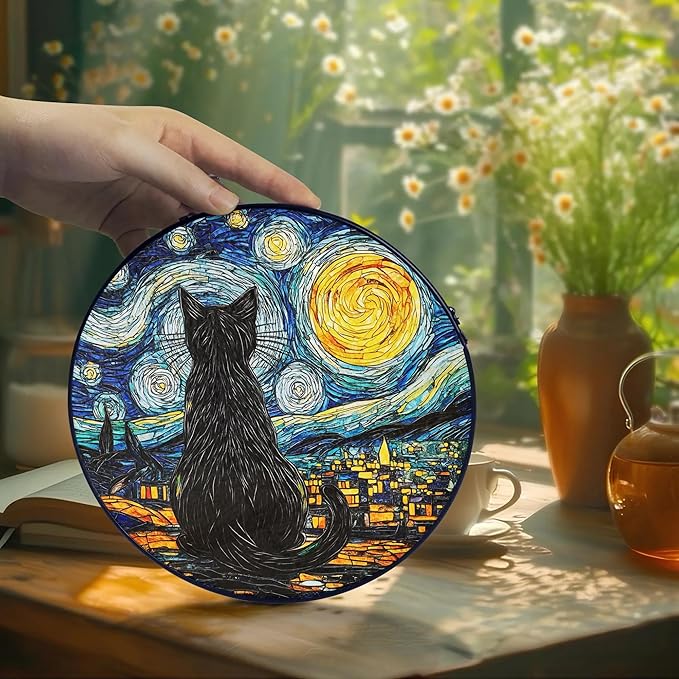 Starry Night Black Cat Stained Glass Suncatcher Window Hanging Decor for Garden, Cat Suncatcher Window Panel Gifts for Cats Lovers, Memorial Gifts for Pet Loss Sympathy Gift for Outdoor Decorations