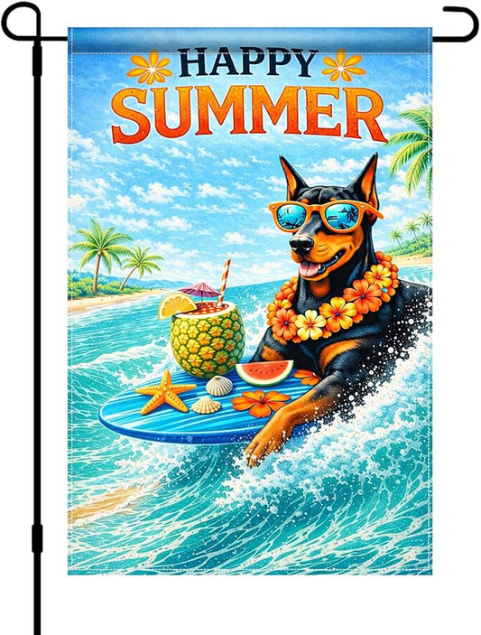 BlissYard Happy Summer Doberman Garden Flag 12x18 Double Sided Vertical Outdoor Decor Surfing Dog Tropical Beach Yard Garden Lawn Patio Banner
