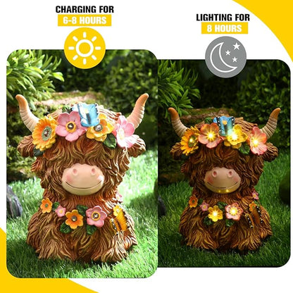 Colingmill Highland Cow Solar Statue Outdoor Decor Resin Highland Cow Figurine with Flower Gifts for Women Mom for Spring Yard Garden Lawn Ornaments, Calf Gnome Herd Lovers(Bright)