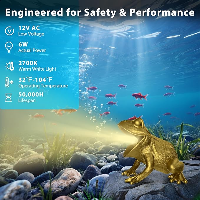 6W Brass Pond Light LED Underwater, 12V Low Voltage Frog Underwater Pond Light 2700K, IP68 Waterproof Submersible Ponds Lights for Outdoor Ponds Fountain Waterfall Water Feature, 26ft, 1 Pack