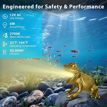 6W Brass Pond Light LED Underwater, 12V Low Voltage Frog Underwater Pond Light 2700K, IP68 Waterproof Submersible Ponds Lights for Outdoor Ponds Fountain Waterfall Water Feature, 26ft, 1 Pack