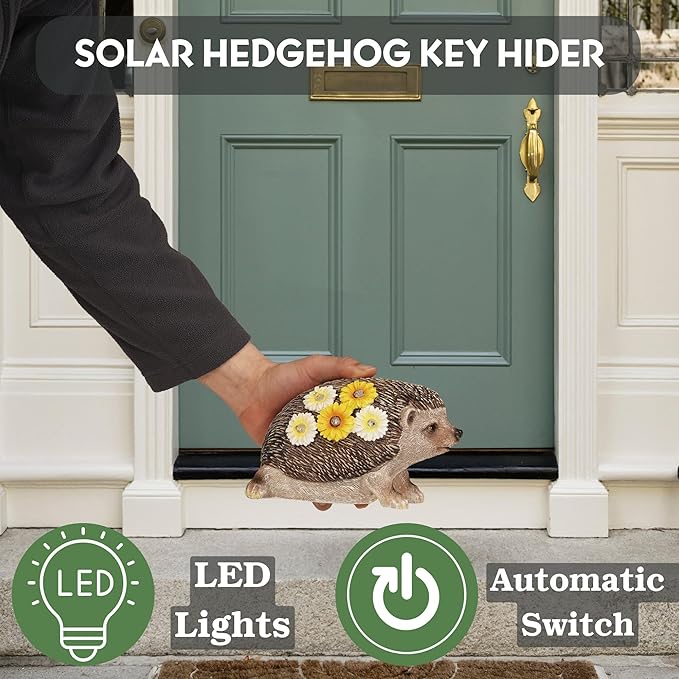 Muldale Solar Hedgehog Garden Decor with House Key Hiders Outside Decorative Compartment - Solar Animal Statue - Solar Powered Hedgehog Gifts - Humphrey The Hedgehog