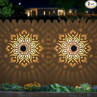 2 Pack Solar Fence Lights Metal Solar Powered Outdoor Wall Deck Step Lights Mandala Theme Waterproof Fence Light for Garden Post Patio Backyard Yard Decor, Gardening Gifts for Women Mom Grandma