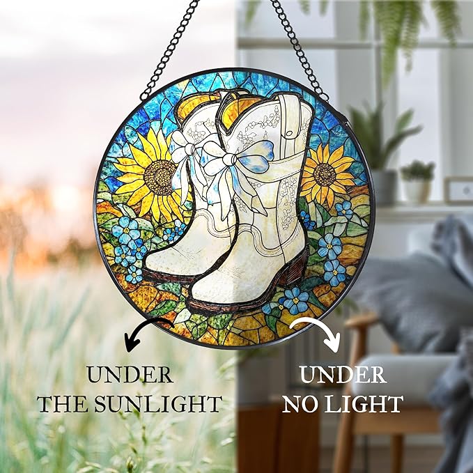 Western Cowboy Boots Sunflower Stained Glass Window Hanging Suncatcher, Western Cowgirl Sun Catcher Decor for Home Window Garden, Country Painted Glass Wall Hanging Decorations 7.8x7.8 in