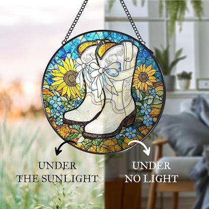 Western Cowboy Boots Sunflower Stained Glass Window Hanging Suncatcher, Western Cowgirl Sun Catcher Decor for Home Window Garden, Country Painted Glass Wall Hanging Decorations 7.8x7.8 in