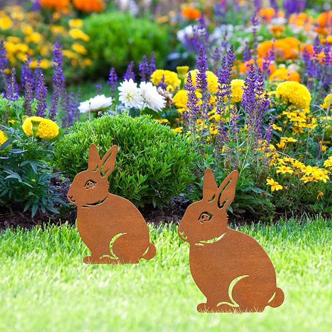 2 Pcs Metal Rabbits Garden Statues,Metal Yard Art Animals Garden Stakes Rabbit Silhouette,Rabbits Yard Art, Flowerbed Decoration, Outdoor Decor