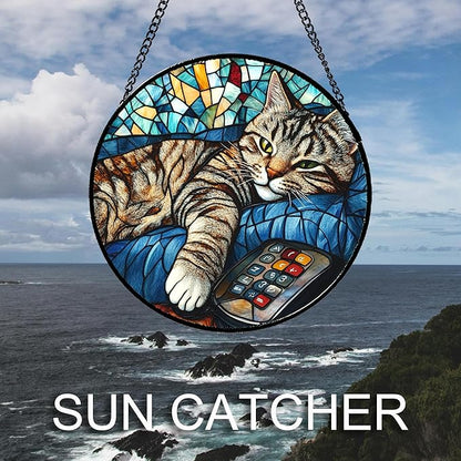 DASTOLL Stained Glass Window Hanging Gray Cat and Remote Control 7.8" - Suncatcher Door Garden Kitchen Sun Catcher Home Decor Birthday for Lost Pets Mom Men Woman Friend Grandma