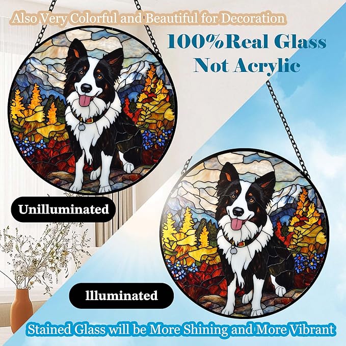 Stained Glass Suncatcher Border Collie in Mountain Meadow Handmade Window Hangings Colored Glass Suncatcher Crafts Kits for Indoor Garden Christmas Home Decor Gift for Pet Lover Memorial 6.3in