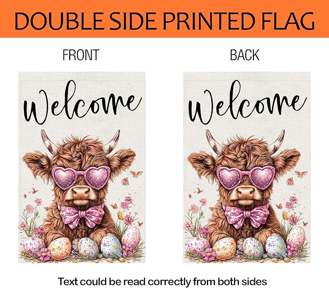 Welcome Cow Garden Flags 12x18 Inch Vertical Double Sided Outside, Easter Eggs Flowers Spring Yard Flag Decor, Holiday Outdoor Decorations for Home