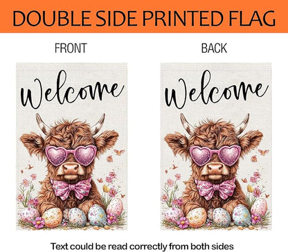 Welcome Cow Garden Flags 12x18 Inch Vertical Double Sided Outside, Easter Eggs Flowers Spring Yard Flag Decor, Holiday Outdoor Decorations for Home