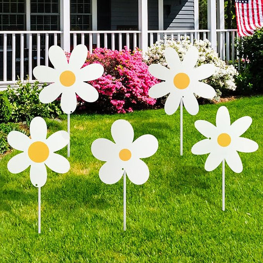 5 Pcs Metal Spring Yard Decorations Outdoor Daisy Flowers Yard Signs with Stakes Cute White Daisy Decorative Lawn Signs for Indoor Outdoor Garden Pathway Walkway Spring Holiday Party Decor