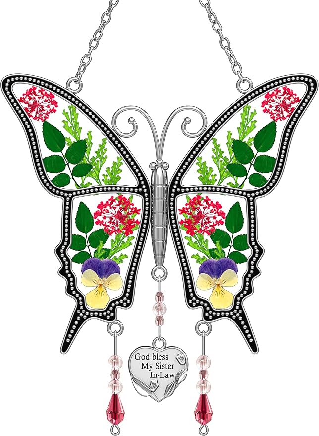 KY&BOSAM Butterfly Suncatcher Sister-in-Law Stain Glass Sun Catchers for Windows Wind Chime with Pressed Flower and Metal Heart Charm for Sister Valentines Day Birthday Christmas