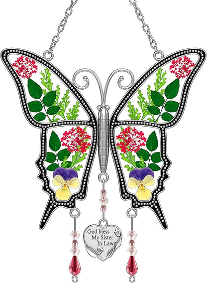 KY&BOSAM Butterfly Suncatcher Sister-in-Law Stain Glass Sun Catchers for Windows Wind Chime with Pressed Flower and Metal Heart Charm for Sister Valentines Day Birthday Christmas