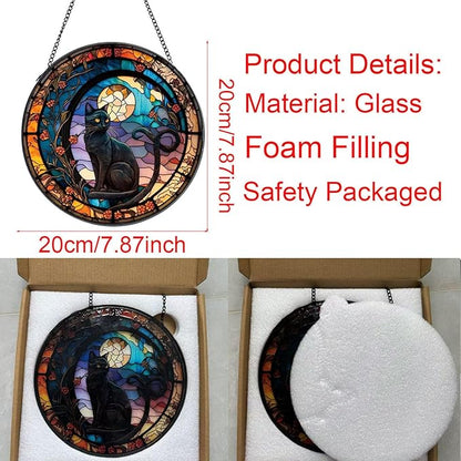 Black Cat Stained Glass Window Hanging,7.87’’ Stained Glass Suncatcher for Window for Cat Lovers,Hanging Ornaments Round Women Gifts for Family Friends, Housewarming Gift (A Style)