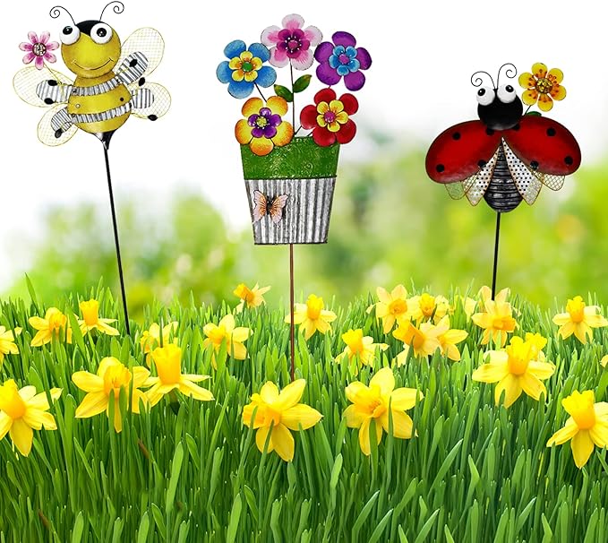 Metal Garden Stakes Spring Yard Sign Decorative Plant Stake Lawn Art Patio Decor Pathway Ornaments Indoor Outdoor Decoration (Bee)