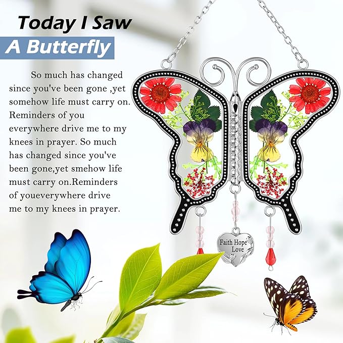 KY&BOSAM Suncatcher Butterfly Stained Glass FHL Butterfly Suncatchers Ornament hangings for Windows Wind Chime with Pressed Flower Butterfly Embedded in Glass Mother`s Day Birthdays