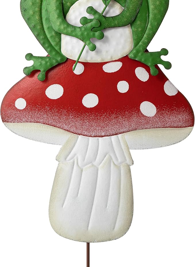 Glitzhome Mushroom and Frog Garden Yard Stake, 30 ”H Metal Stacked Yard Patio Charming Stake Powder-Coated Vibrant Finish Lifelike 2-in-1 Design Ornament Detachable Lawn Wall and Floor Decoration