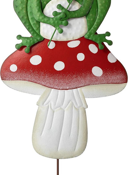 Glitzhome Mushroom and Frog Garden Yard Stake, 30 ”H Metal Stacked Yard Patio Charming Stake Powder-Coated Vibrant Finish Lifelike 2-in-1 Design Ornament Detachable Lawn Wall and Floor Decoration
