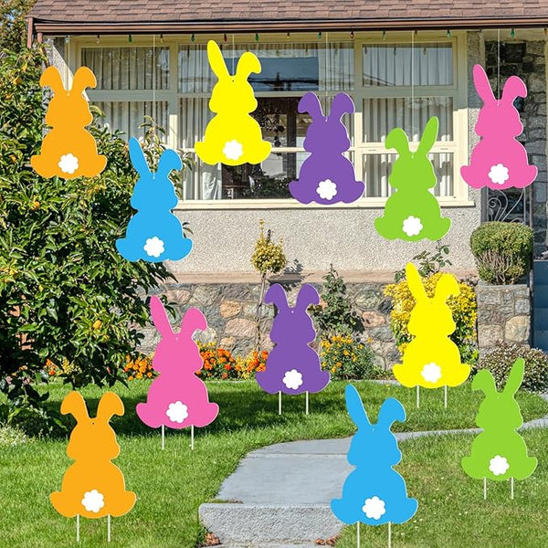 12Pcs Easter Yard Signs Outdoor Decorations Pastel Easter Bunny shaped Yard Signs with Stakes Cute Colorful Bunny Yard Decorations for Garden Lawn Home Party Supplies (12 Pcs Bunnies)
