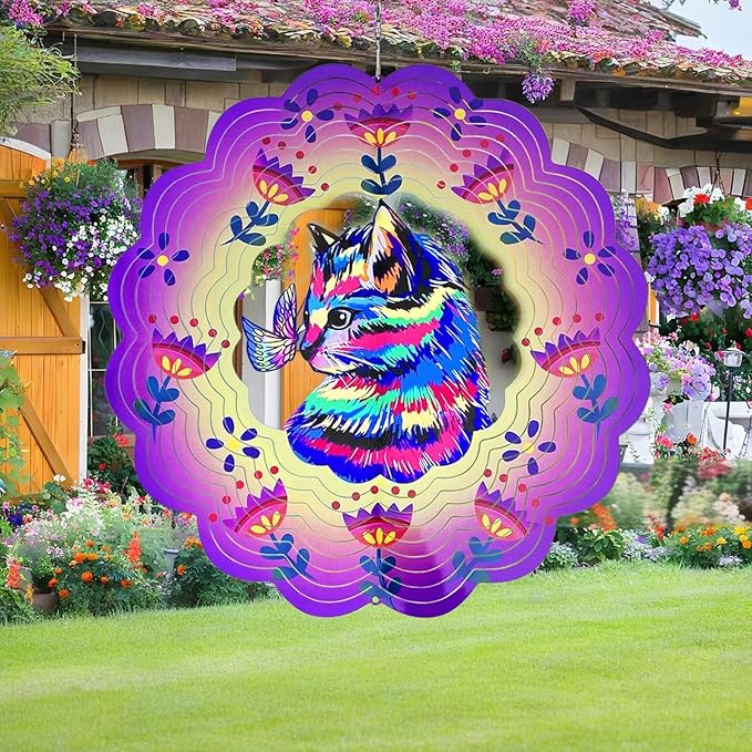 Wind Spinner, 3D Hanging Wind Spinner Ornament, Gifts for Women Mom Grandma, 12inch Metal Wind Kinetic Sculpture for Outdoor&Indoor Decor, Yard Art, Garden Decoration (Purple-Cat)