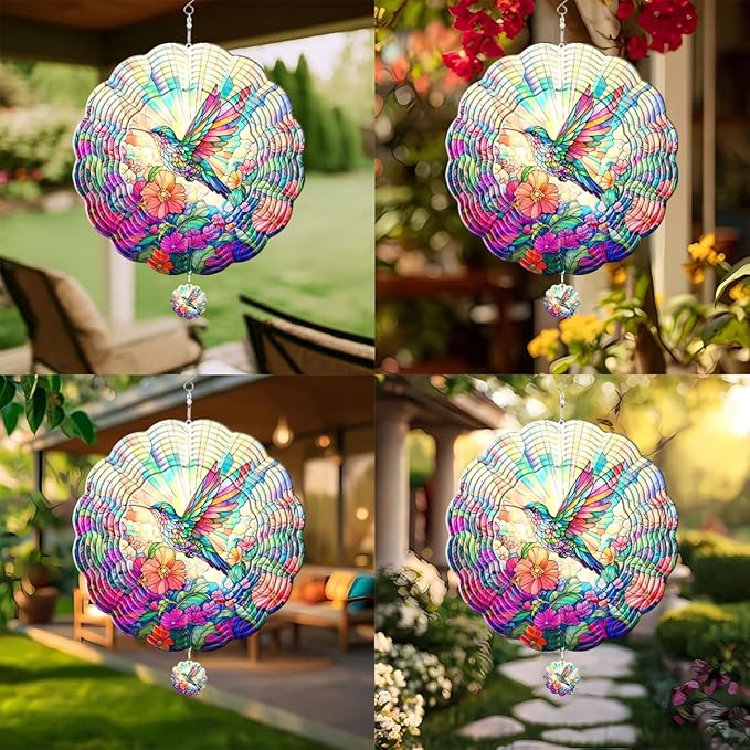 GENANY Hummingbird Hanging Wind Spinners for Women Men, 12 Inch Metal 3D, Stainless Steel Hanging Wind Catchers Sculpture for Outside, Outdoor Spring Decoration, Unique Gift