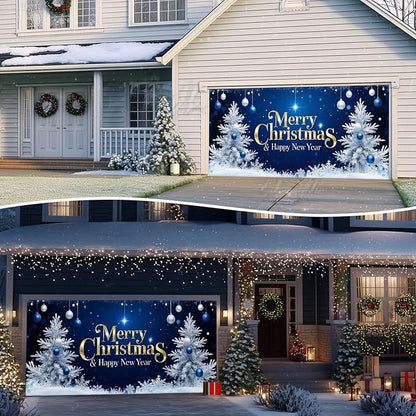 IVN Christmas Garage Door Cover Decoration 13x6ft Blue Night Sky White Trees Gold Lettering Ornaments Merry Christmas Winter Garage Door Banner Home Door Front Yard Decor for Xmas Eve Holiday Outdoor