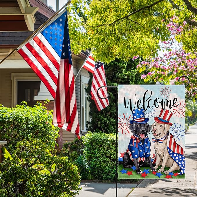 Welcome 4th of July Dog Patriotic Decorative Garden Flag, America USA Black Labrador Puppy Stars Stripes Yard Outside Decorations, American Summer Outdoor Small Home Decor Double Sided 12 x 18