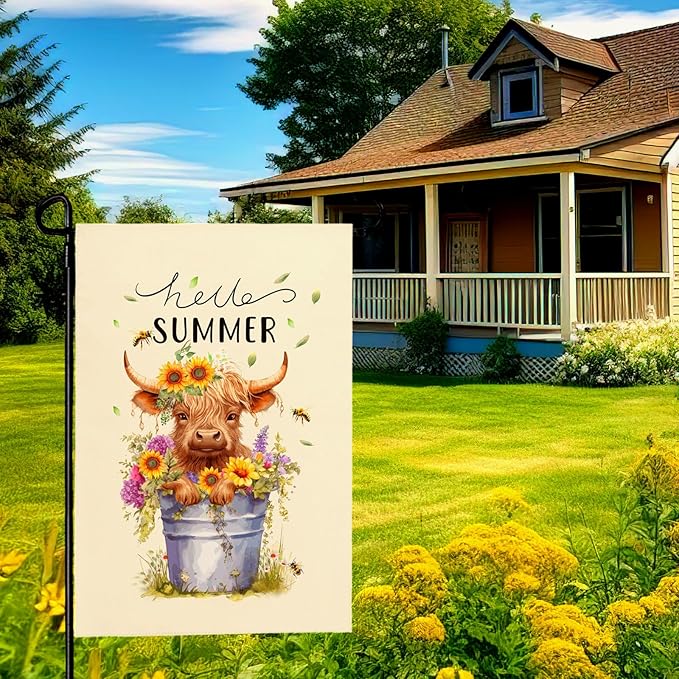 Hello Summer Garden Flag Highland Cow Yard Flag Summer Sunflower Honey Bee Floral Garden Flags Farmhouse Rustic Green Leaf House Banner for Seasonal Double Sided 12x18 Inch Outdoor Decoration