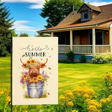Hello Summer Garden Flag Highland Cow Yard Flag Summer Sunflower Honey Bee Floral Garden Flags Farmhouse Rustic Green Leaf House Banner for Seasonal Double Sided 12x18 Inch Outdoor Decoration