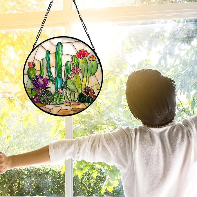 DASTOLL Stained Glass Window Hanging, White Green Cactus Suncatcher Diamond Glass Panel Hangings Sun Catchers Decor for Birthday for Women, Men, Wife, Aunt, and Mom 7.8 in