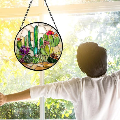 DASTOLL Stained Glass Window Hanging, White Green Cactus Suncatcher Diamond Glass Panel Hangings Sun Catchers Decor for Birthday for Women, Men, Wife, Aunt, and Mom 7.8 in