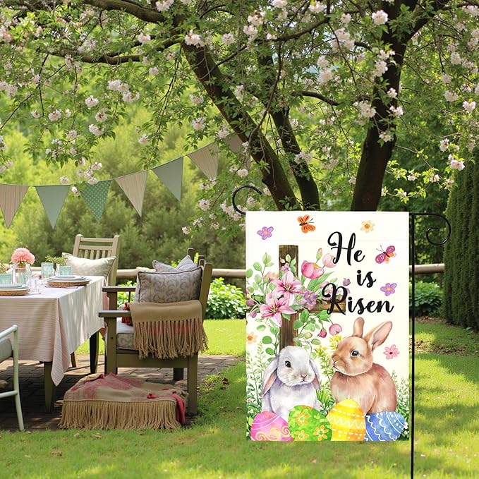 He Is Risen Easter Garden Flag for Outdoor Spring Christian Cross Floral Bunny Egg Yard Banner Religious Resurrection Sunday Decor Double Sided Farmhouse House Welcome Flags 12x18 Inch