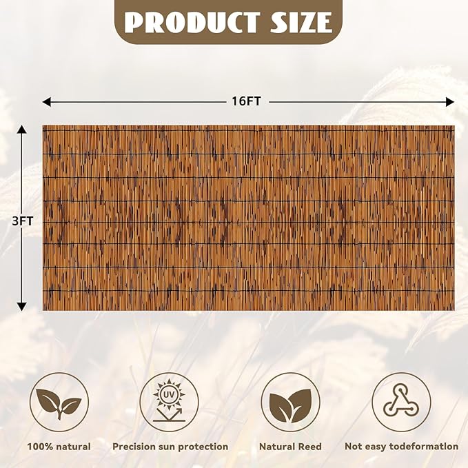KOIUEYW Bamboo Reed Fencing, Light Russet Bamboo Fence Rolls 3 Feet High, Decorative Reed Curtains Privacy Screen Outdoor for Patio Balcony Garden Backyard, 3 x 16 FT