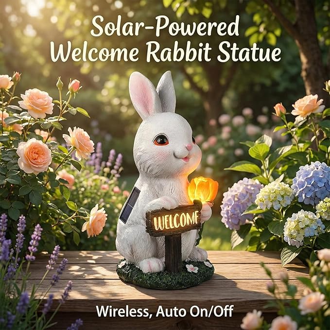 Solar Garden Outdoor Rabbit Statue Lights, Waterproof LED Bunny Sculptures for Patio Yard Lawn Backyard Decor (White)