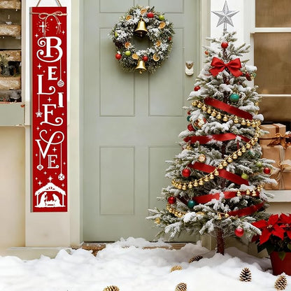 Christmas Porch Sign Believe Nativity Welcome Sign for Front Porch, Red ChristianWood Signs for Patio Jesus Tall Standing Wooden Yard Sign Bless Xmas Decoration for Indoor Outdoor