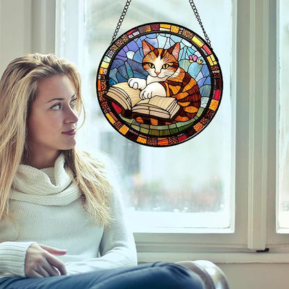 DASTOLL Stained Glass Window Hanging Little Cat Reading 6.3" - Suncatcher Door Garden Kitchen Sunroom Sun Catcher Home Decor Birthday for Lost Pets Mom Grandma Men Woman Friend