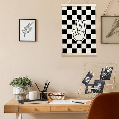 NQDWX Black and White Checkered Peace Sign Wood Poster Hanger - Retro Preppy Checkerboard Wall Decor, Hippie Boho Hanging Art for Bedroom, Dorm & Teen Room, 12x17 Inch Rustic Wood Frame Gift. (131)