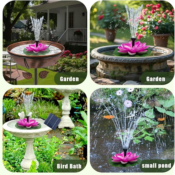 Solar Bird Bath Fountain with Lotus Flower | 7V 1.4W Powerful Pump, 5 Nozzles, 9.8FT Cord for Stable Sunlight | Floating Garden Water Fountain for Pond, Patio, Outdoor Decor