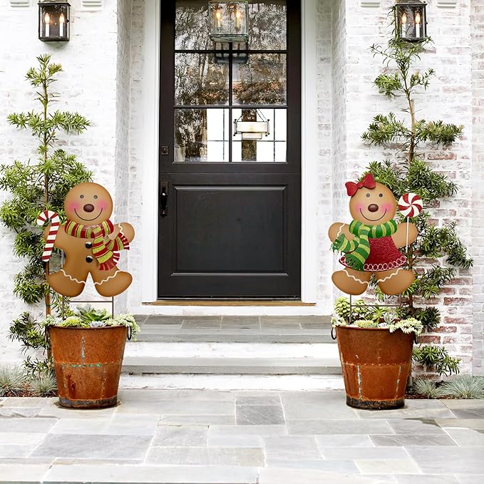 Outdoor Christmas Decorations,27" H Large Gingerbread Boy and Girl Metal Yard Stakes,Set of 2, Rustic Winter Signs for Lawn Garden,Patio, Pathway & Front Yard,Farmhouse Porch Outside