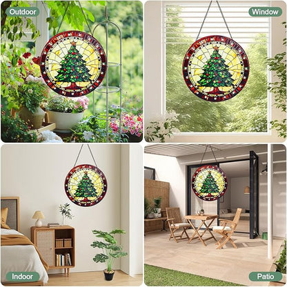 Green Christmas Tree Stained Glass Window Hanging Suncatcher with Chain - 7.9" Outdoor/Indoor Art Decor for Home Garden, Wedding, Mother's, Valentine's, Thanksgiving Ornaments Present