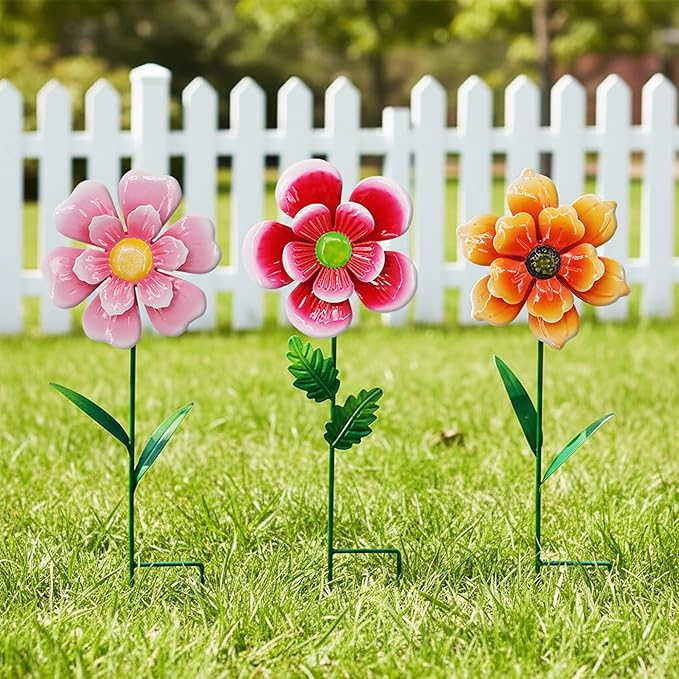 3pcs Flowers Yard Wind Spinners Outdoor Decoration Stakes Lawn Ornaments, Lawn Decorations Garden Stakes, Metal Outside Decorations for Metal Yard Art Flower Garden Decor, Spring Mom Gifts