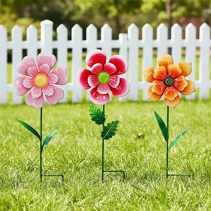3pcs Flowers Yard Wind Spinners Outdoor Decoration Stakes Lawn Ornaments, Lawn Decorations Garden Stakes, Metal Outside Decorations for Metal Yard Art Flower Garden Decor, Spring Mom Gifts