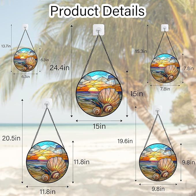 Stained Glass Window Hanging - Colorful Beach Shells Conch Sun Catcher for Door Home Decor Ocean Suncatcher Christmas Mother's Day Birthday Sea Lover Gifts for Women Men Mom Nana 15 in