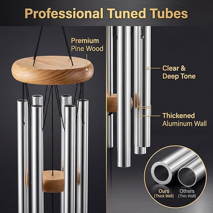 Memorial Wind Chimes for Loss of Loved One - 25 Inch Tone Silver Wind Chimes with 6 Tuned Tubes - Sympathy Gifts for Loss of Mother, Father, Loved One - Rust-Proof Garden Decor