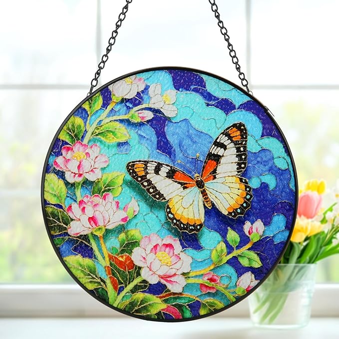 8inch Stained Glass Suncatcher, Butterfly Stained Glass Window Hanging Sun Catchers Ornaments for Indoor Windows Wall Garden Kitchen Home Decor Gifts for Women Birthday Mother's Day Religious Easter