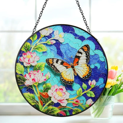 8inch Stained Glass Suncatcher, Butterfly Stained Glass Window Hanging Sun Catchers Ornaments for Indoor Windows Wall Garden Kitchen Home Decor Gifts for Women Birthday Mother's Day Religious Easter