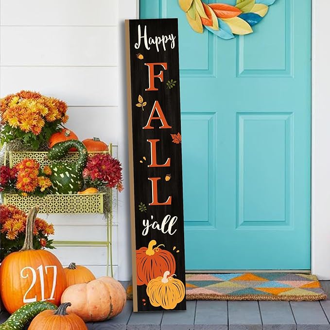 Happy Fall Y'all Welcome Porch Sign Decor Autumn Pumpkin Wooden Hanging Sign Door Porch Standing Decorative Signs Plaques for Front Door Farmhouse Outdoor Indoor Welcome Sign Wall Craft Decor 47.2"H
